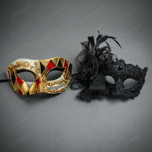 Mardi Gras Harlequin Lace Masquerade Halloween Party Masks Gold Black